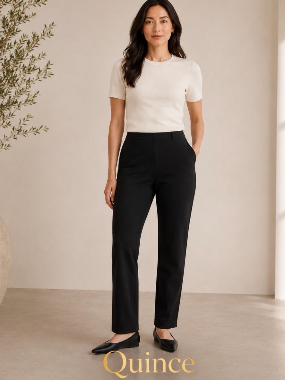 QUINCE Ultra Stretch Ponte Straight Leg Pants Black Pull On Petite M 26 Workwear